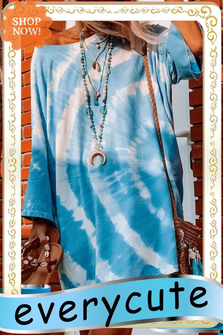 Round Neck Tie Dye Baggy Casual Dress Bohemian Crew Neck Summer Dress, Casual Summer Dresses With Batwing Sleeves, Oversized Blue Tunic For Spring, Casual Oversized Dresses For Festivals, Casual Fall Tunic For Vacation, Casual Free Size Tunic With Batwing Sleeves, Casual Crew Neck Tunic For Summer, Casual Summer Tunic With Crew Neck, Casual Long Sleeve Tunic In Free Size