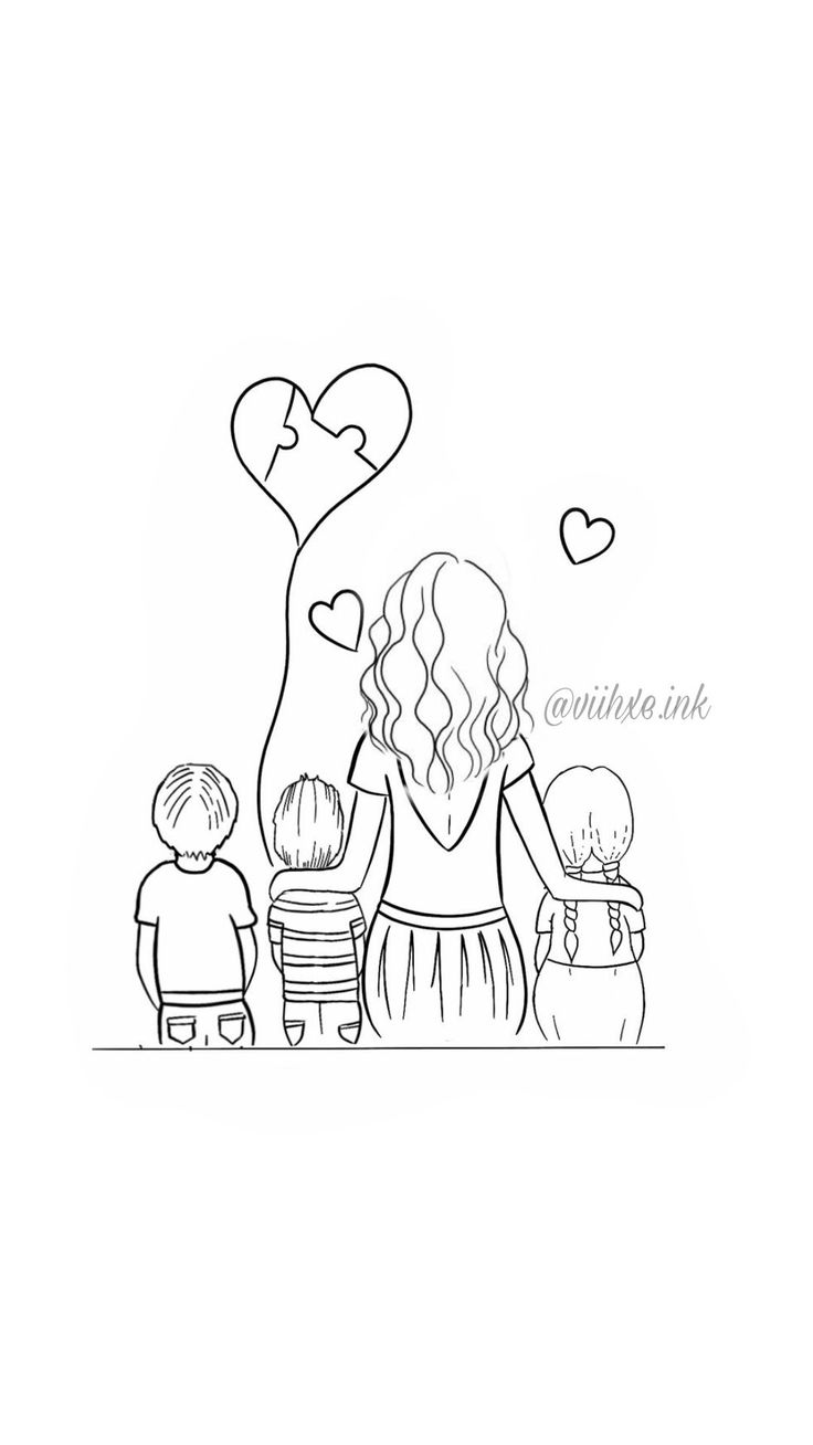 an adult and two children are sitting on a bench with hearts floating above their heads