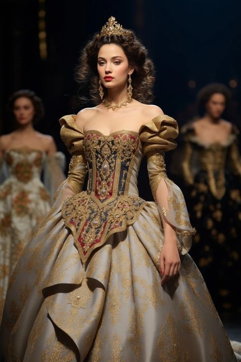 Fantasy Queen Wedding Dress, Princess Outfits Royal Medieval, Royalty Dresses Gowns, Victorian Gown Aesthetic, Queen Gowns Royal, Royal Dresses Queens Gowns, Medieval Ball Gown, Princess Dress Medieval, Fantasy Ballgown