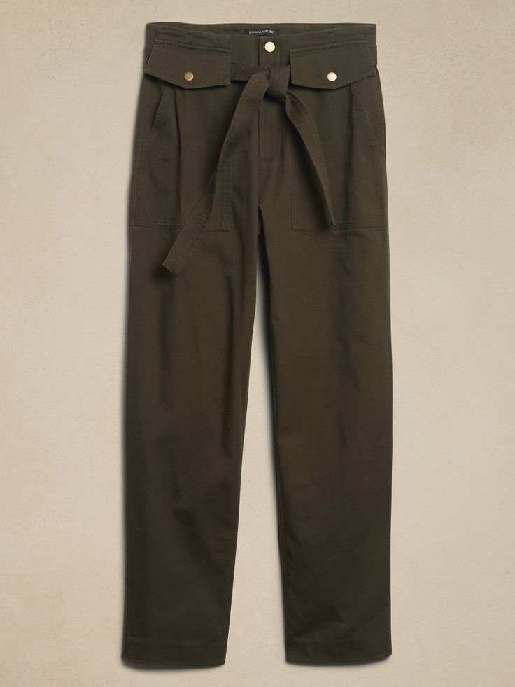 Utility Tie-Waist Pant | Banana Republic Factory Trendy Tie Waist Workwear Bottoms, Trendy Belted Bottoms With Paperbag Waist, Trendy Belted Paperbag Waist Bottoms, Trendy Workwear Bottoms With Tie Waist, Belted Cotton Pants With Tapered Leg, Cotton Tapered Leg Pants With Tie Waist, Spring Workwear Cargo Pants With Belt Loops, Trendy Paperbag Waist Bottoms For Work, Cotton Pants With Tie Waist And Tapered Leg