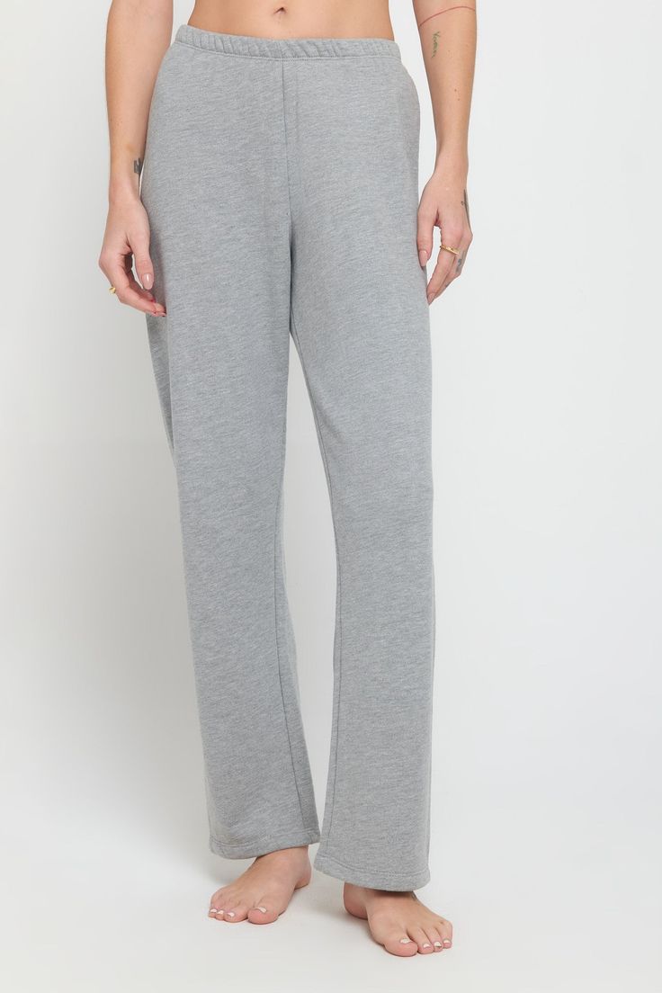 Shoot it straight. A relaxed fit, full-length straight-leg pant. Designed with an encased elastic waistband. Made in our Plush French Terry fabrication, it's the perfect blend of 75% cotton and 25% modal, creating an extra (extra) soft feel. | Joy Straight Leg Pant in Heather Ash Straight A, Straight Leg Pant, Spiritual Gangster, Mens Essentials, Bottom Clothes, Straight Leg Pants, Sweater Jacket, French Terry, Jumpsuit Dress