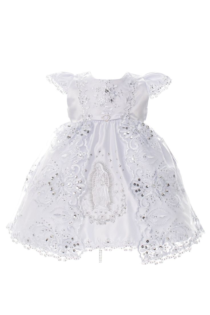 Christening dress by Rain Kids will make any baby's blessing a very special event. Stunning short cap sleeve style covered in rhinestone and sequin lace with hi-low skirt embroidered with Virgin Mary. On the back it features rhinestone beaded bow line, waist bow tie and button closure. Comes in white. Matching cape and bonnet included. Virgin Mary Embroidery, Mary Embroidery, Beaded Bow, Hi Low Skirts, Baby Blessing, Baptism Dress, Christening Dress, Dress Order, White Rhinestone