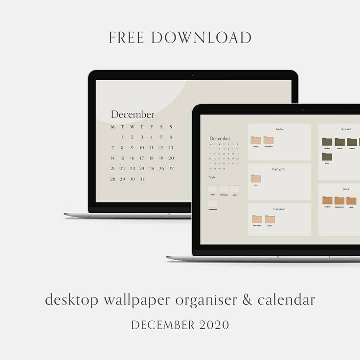 two laptops and a desktop computer on a white background with the text, free download desktop wallpaper organizer & calendar december 2020