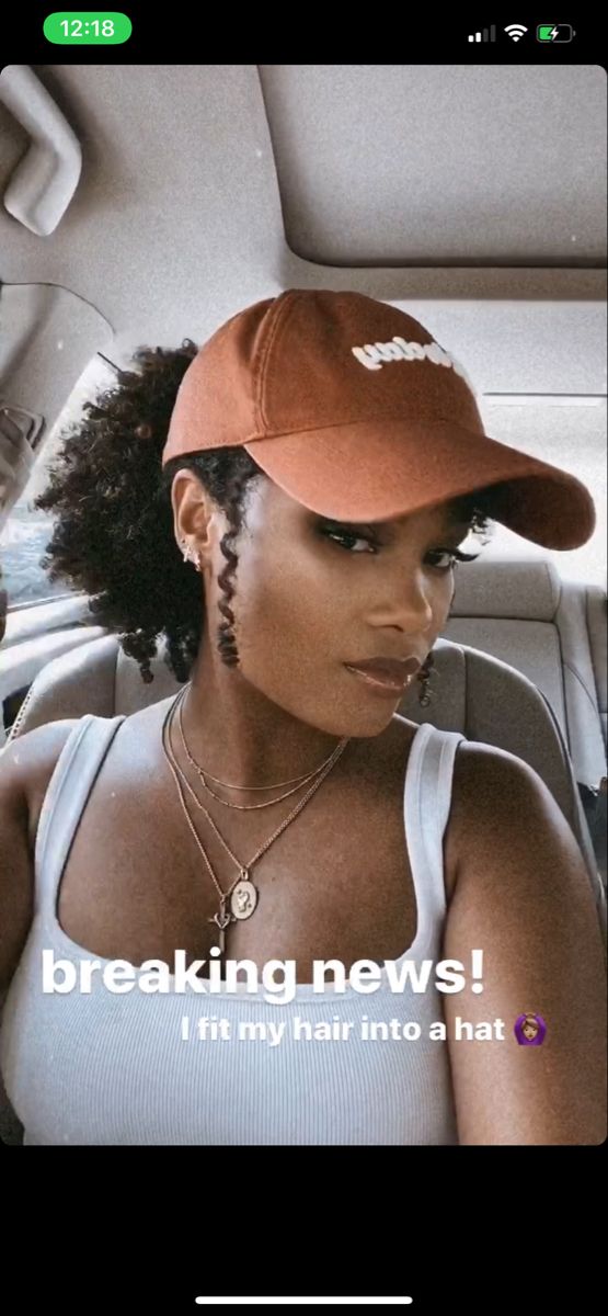 Low Bun With Hat Black Women, 4c Hat Hairstyles, Cap Hairstyles Black Women, Natural Hairstyles For Black Women With Hats, 4c Hair With Hat, Natural Hair Baseball Cap, Natural Hairstyles With Hats, Slick Back Bun With Hat, Short Curly Hair Hat Hairstyles