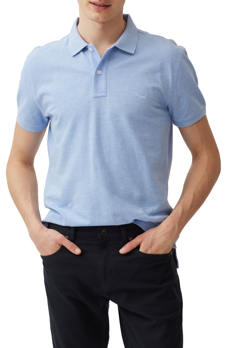 Simple, classic and endlessly versatile, this cool cotton-piqué polo sports the brand's logo embroidered in subtle tonal threads on the chest. 28" length (size Medium) Button half placket Spread collar Short sleeves 100% cotton Machine wash, line dry Imported Blue Cotton Polo Shirt With Embroidered Logo, Classic Spring Polo Shirt For Golf, Classic Blue Polo Shirt With Embroidered Logo, Classic Spring Polo Shirt With Ribbed Collar, Fitted Casual Polo Shirt With Embroidered Logo, Classic Solid Polo Shirt For Golf, Classic Polo Shirt For Golf, Fitted Cotton Polo Shirt With Ribbed Collar, Classic Solid-color Everyday Polo Shirt