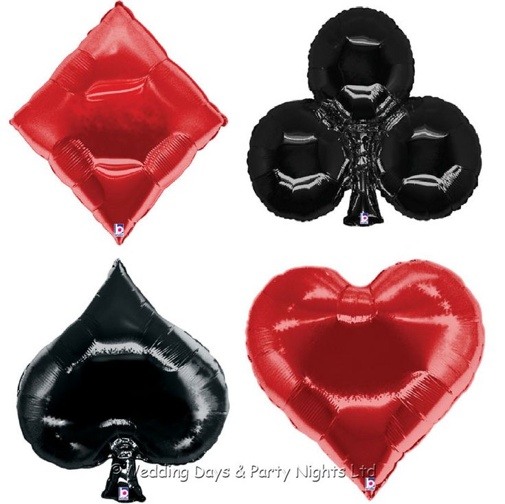 four heart shaped balloons in black, red and silver