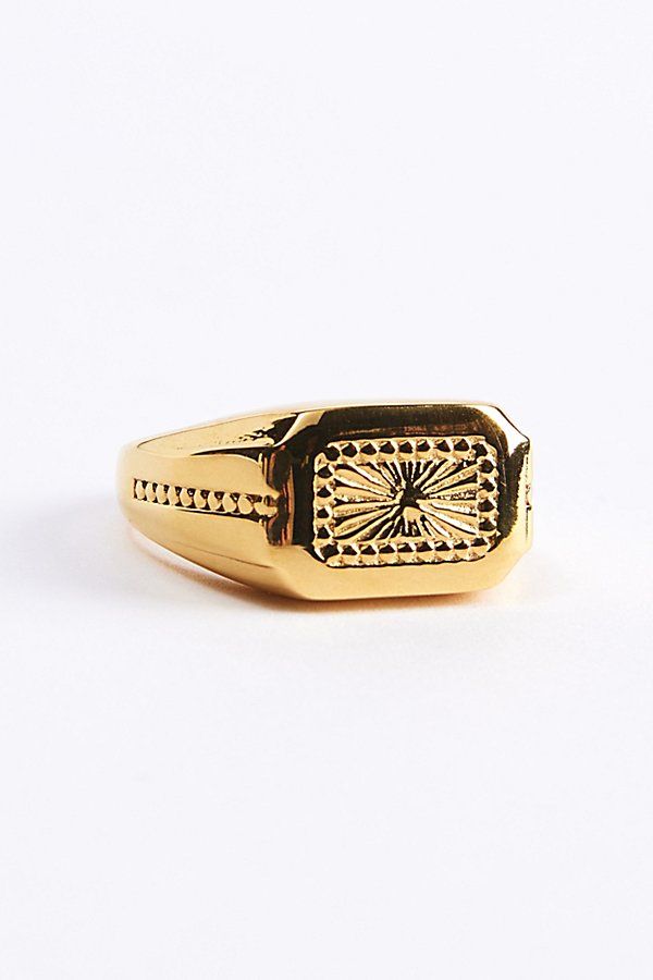 Classic look signet ring with a flat top & featuring a geometric pattern. Features Theo signet ring Classic signet ring Geo pattern Content + Care Mixed metal Wipe clean Imported | Theo Signet Ring in Gold, Men's at Urban Outfitters Tarnish Resistant Recycled Gold Signet Ring, Luxury Tarnish Resistant Recycled Gold Signet Ring, Luxury Gold Brass Signet Ring, Luxury Tarnish-resistant Signet Ring In Recycled Gold, Gold Stainless Steel Signet Ring, Tarnish Resistant, Rings With Stones, Men Rings, Geo Pattern, Mens Rings