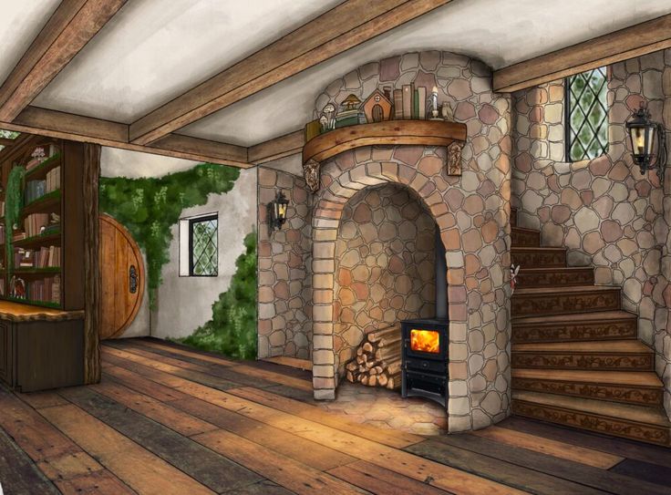 this is a drawing of a living room with wood floors and stone fireplace in the corner