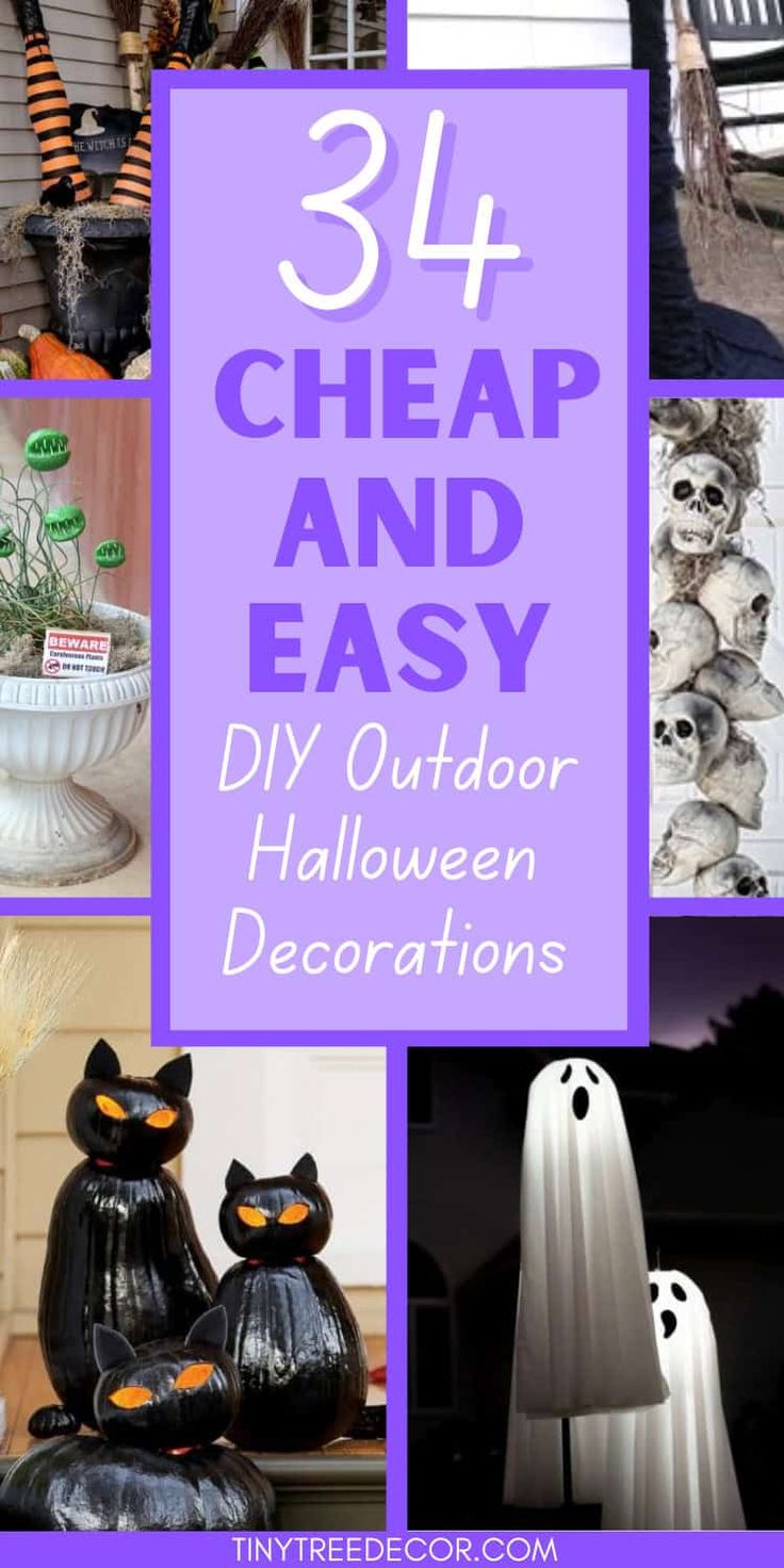 halloween decorations with text overlay that reads 31 cheap and easy diy outdoor halloween decorations