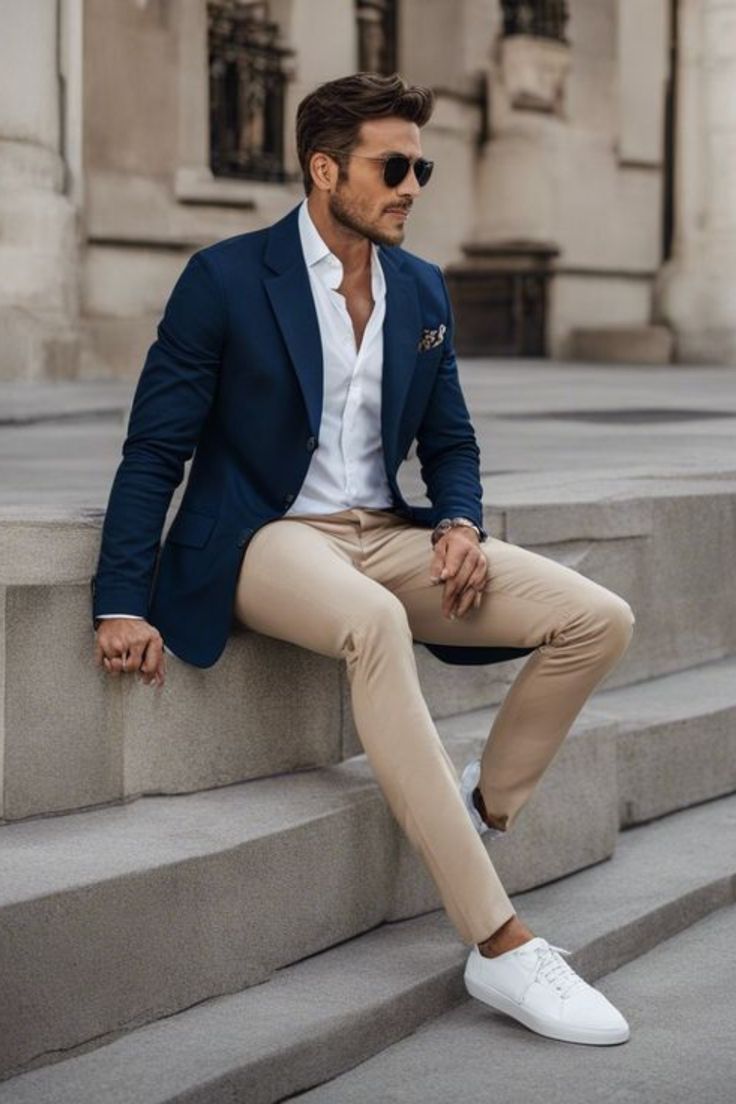 Off White Blazer Outfit Men, Navy Sports Coat Outfit Men, Tan Blazer Outfits Mens, Navy Blue Blazer Outfit Mens, Blazer Outfits For Men, Beige Blazer Outfit, Casual Wedding Suit, Sport Coat Outfit, Blue Blazer Outfit