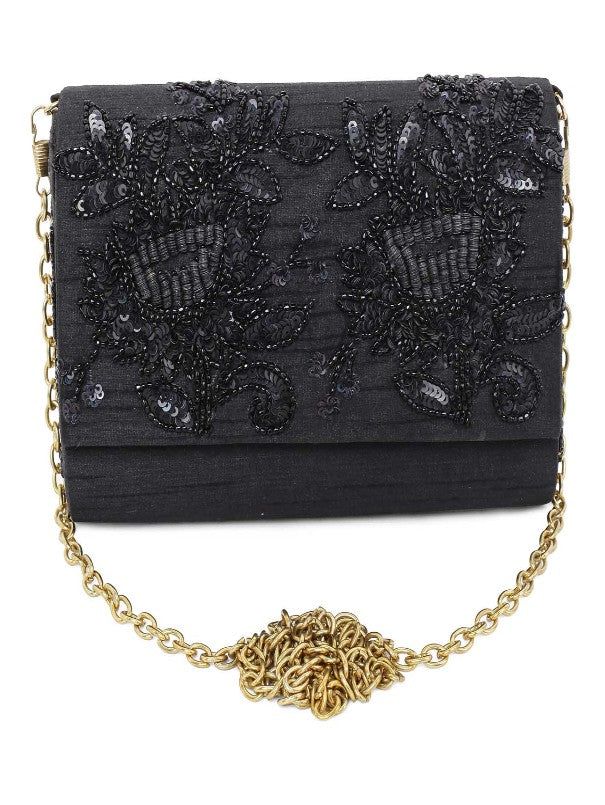 Black On Black Clutch Bag By The Purple Sack now available at Trendroots Embroidered Clutch Shoulder Bag For Events, Luxury Embroidered Shoulder Bag For Evening, Embroidered Evening Clutch Bag, Embroidered Evening Clutch Shoulder Bag, Chic Embroidered Evening Bags, Chic Embroidered Evening Bag For Formal Events, Formal Embroidered Pouch Evening Bag, Embroidered Rectangular Clutch For Evening, Black Embroidered Evening Bag As Gift