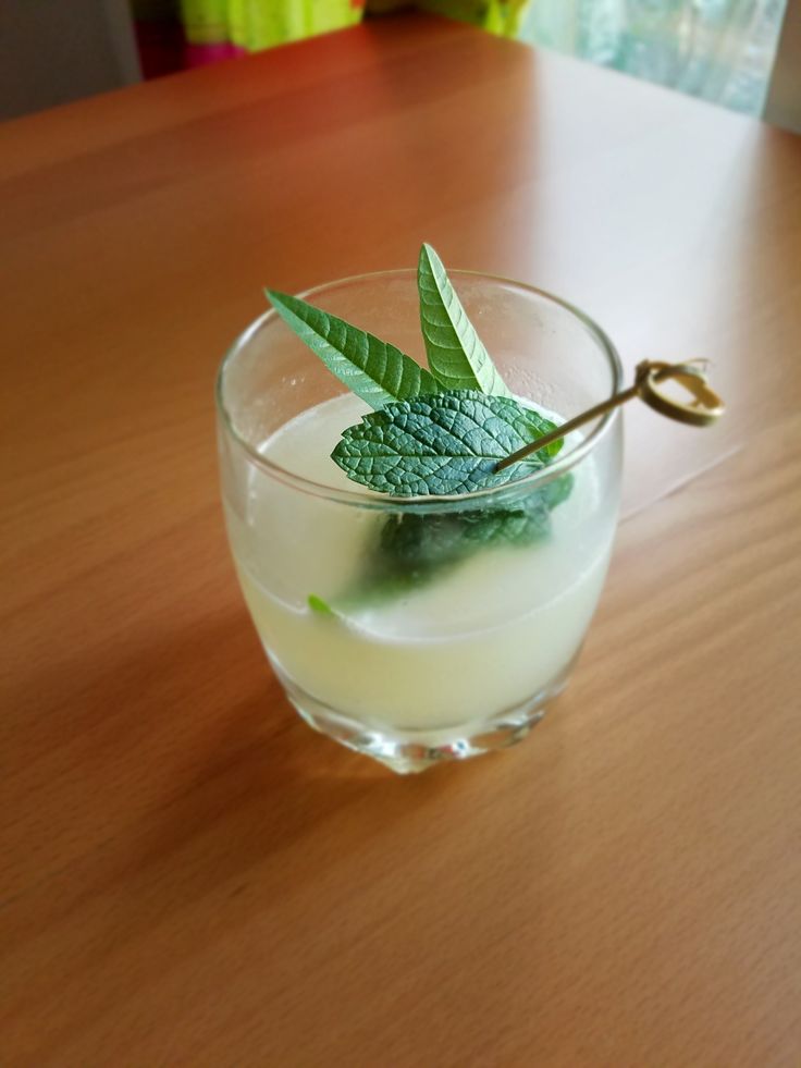 a glass filled with liquid and green leaves