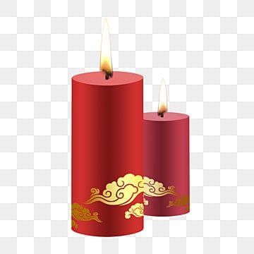 two red candles with gold designs on them, one is lit and the other is closed