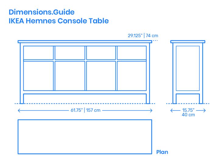 the measurements for an ikea hemnes console table are shown in blue and white