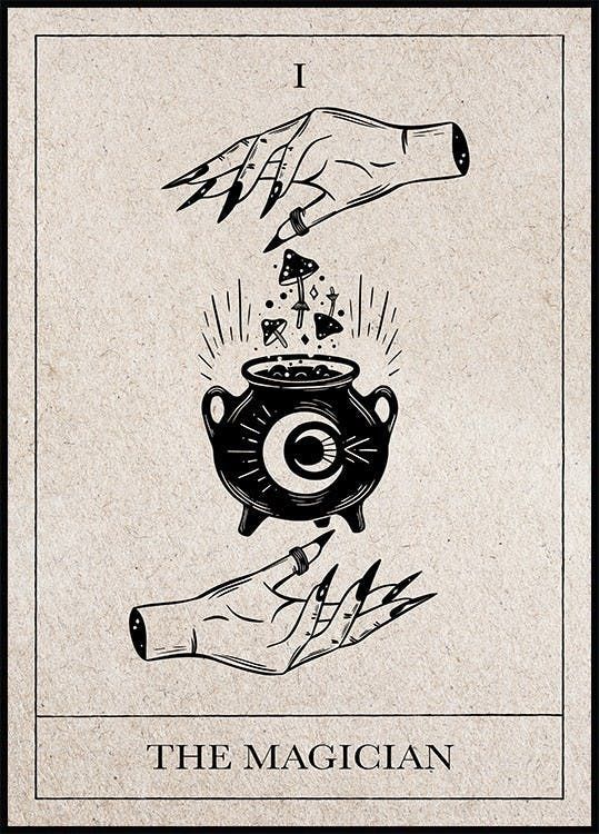 the magician tarot card with two hands holding a pot and an eye on it