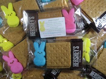 some kind of crackers with peeps on them in plastic wrappers and bags