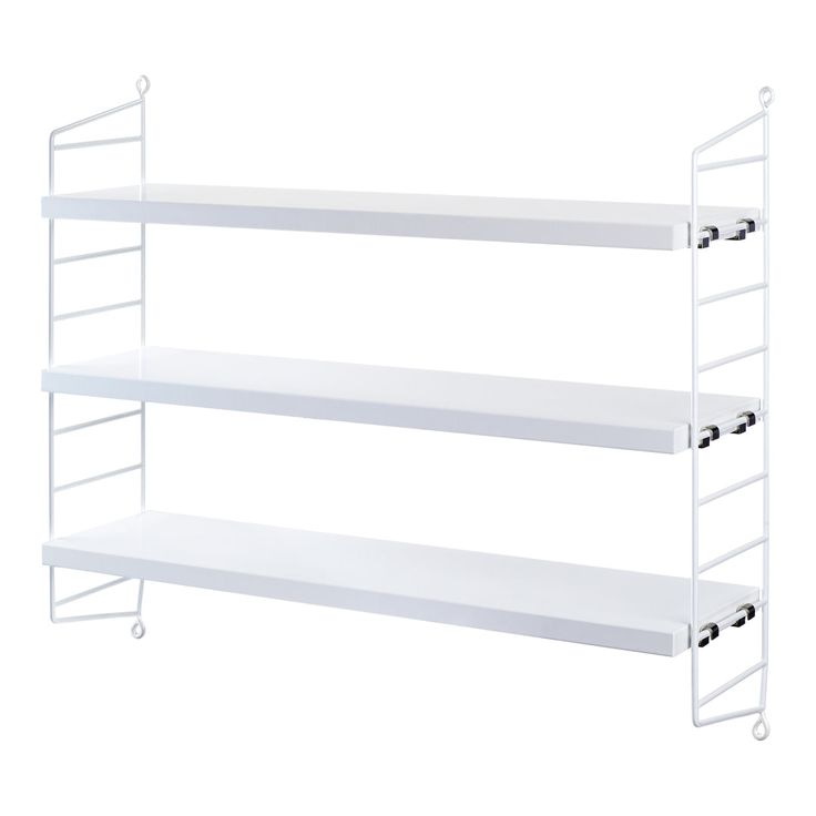 three white shelves with wheels on each shelf