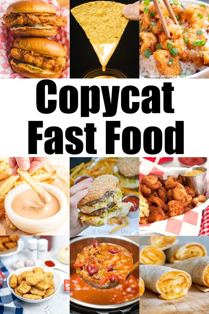 A nine photo collage showing several homemade fast food recipes. Text at the top reads "copycat fast food". Homemade Cheat Meals, Fast Food Cravings, Dinner Ideas Restaurant Copycat Recipes, Hungry Howies Copycat, At Home Fast Food, Mcdonalds Food Recipes, Fast Food To Make At Home Easy Recipes, At Home Fast Food Recipes, Food Truck Recipes Copycat