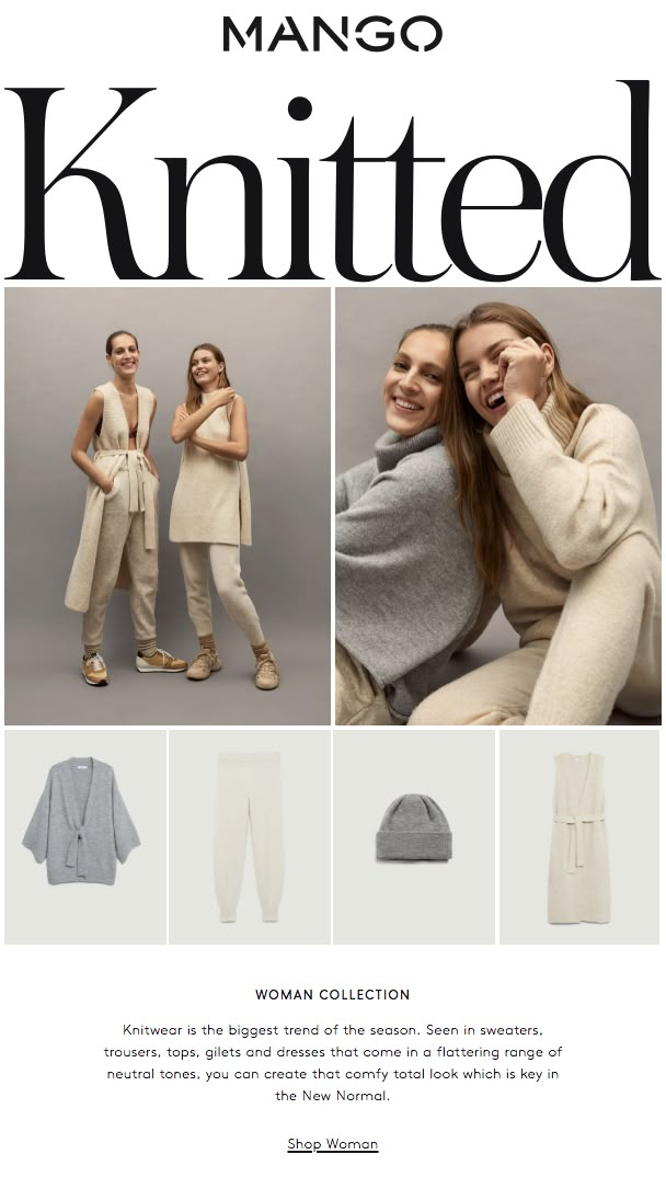 two women in sweaters and pants with text that reads mango knitted