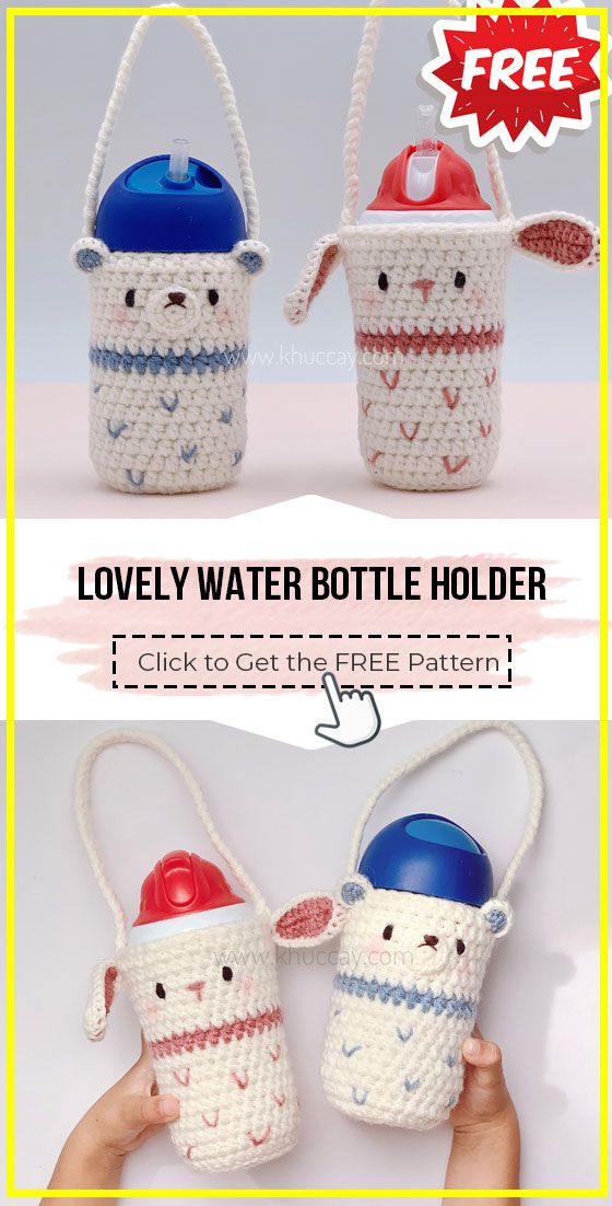 two crocheted cups with lids and handles, one is holding a water bottle