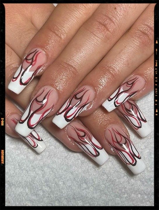 Black and Red Lines Flame Nails Red Black Nails, Flame Nails, Concert Nails, Red Flames, 2023 Nails, Special Nails, Red Acrylic Nails, Airbrush App, Coffin Press On Nails