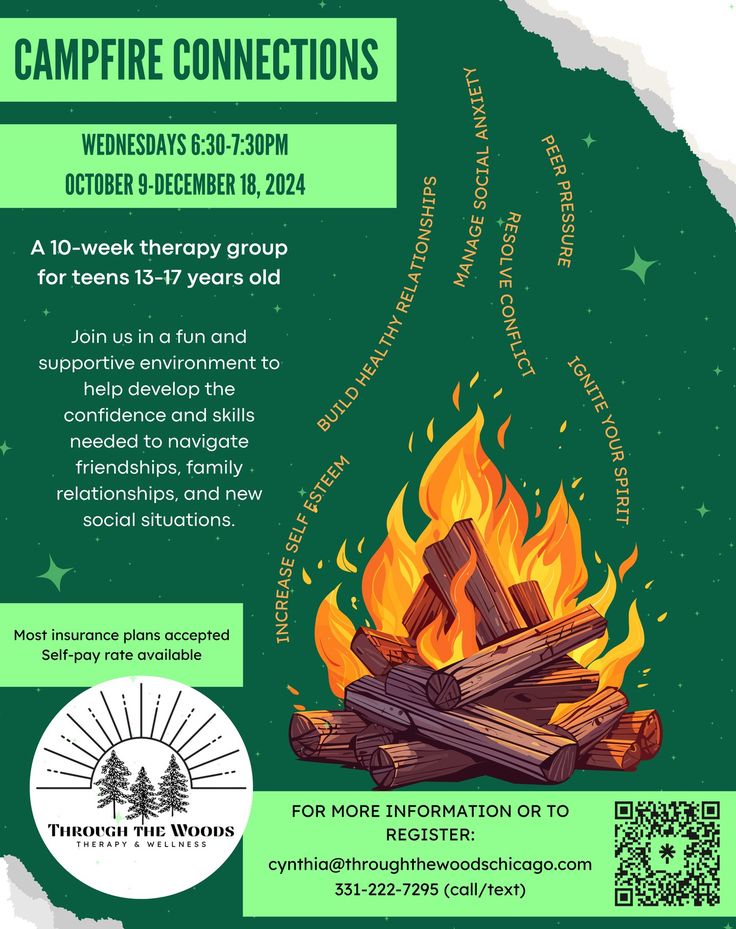 New group, who dis?! Spots are filling up quickly for our new "Campfire Connections" group for teens. This group will be held in-person in Elmhurst on Wednesday evenings starting October 9th. Hit us up to register today! Peer Pressure, Family Relationships, Health Matters, Mental Health Matters, On Wednesday, Campfire, Self Esteem, How To Plan, Health