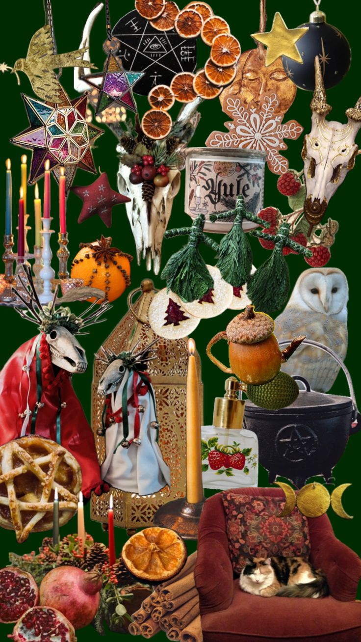 a collage of many different items including candles, cookies and other things on a green background