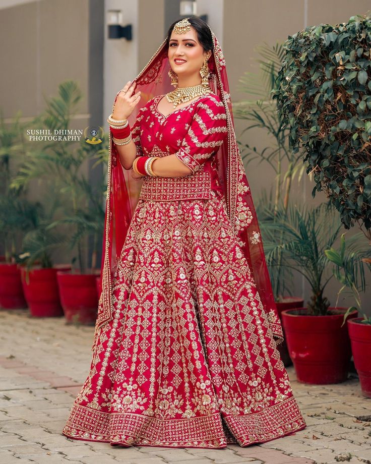 a woman in a red and gold bridal gown posing for the camera with potted plants behind her