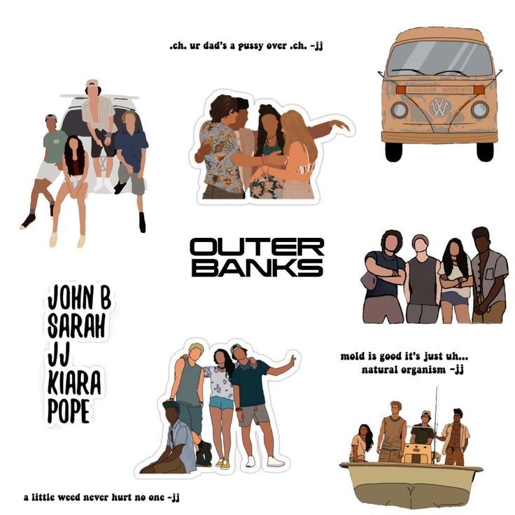 various stickers depicting people standing around and in front of a bus, with the words outer banks on it