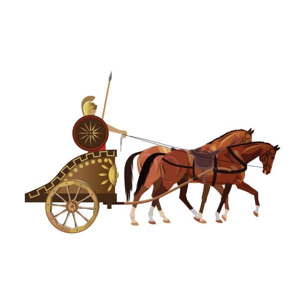 a man riding on the back of a brown horse pulling a cart with two horses