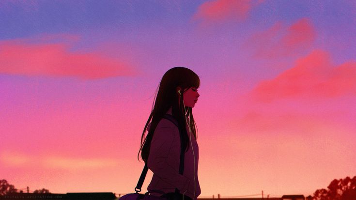 a woman standing in front of a pink and purple sky with her back to the camera