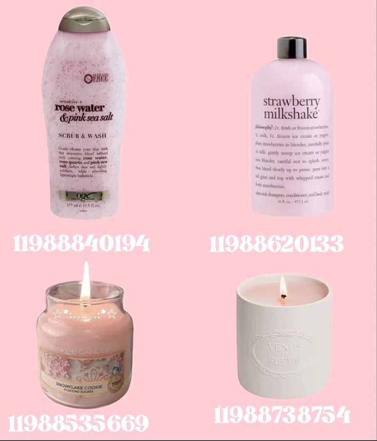 three different types of candles and bottles on a pink background with the words, beauty products