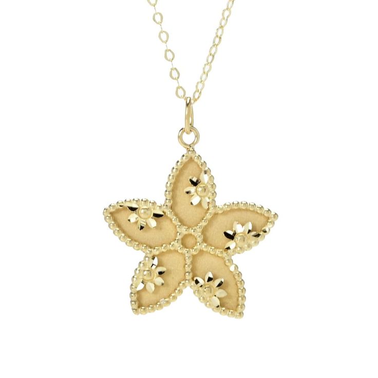 You'll love the ornate details of this Stefano Oro star necklace. Made in Italy, it's finely crafted in rich 14K yellow gold. The diamond-cut design has satin and polished finishes that beautifully show off the milgrain detail and intricate designs on the star pendant. Measuring 18", the flat rolo chain secures with a spring ring clasp. You'll want to wear this pretty piece all the time. It's a perfect finishing touch to any of your favorite ensembles, whether you're going casual or dressing up. Gold Jewelry With Starfish Charm In 14k Gold, Elegant Yellow Gold Star-shaped Jewelry, 14k Gold Jewelry With Starfish Charm, Star-shaped Yellow Gold Jewelry, Gold Starfish Charm Jewelry In 14k Gold, Elegant Yellow Gold Necklaces With Starfish Charm, Gold Star-shaped 14k Diamond Necklace, Elegant Yellow Gold Necklace With Starfish Charm, Luxury Yellow Gold Star Necklace