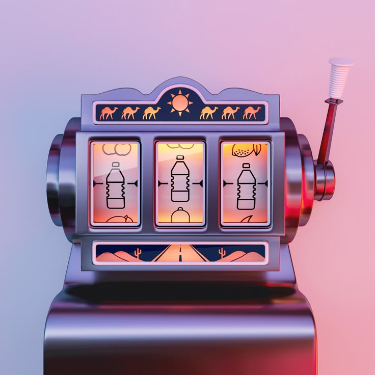 a slot machine with an electric toothbrush in it's mouth on a pink and blue background