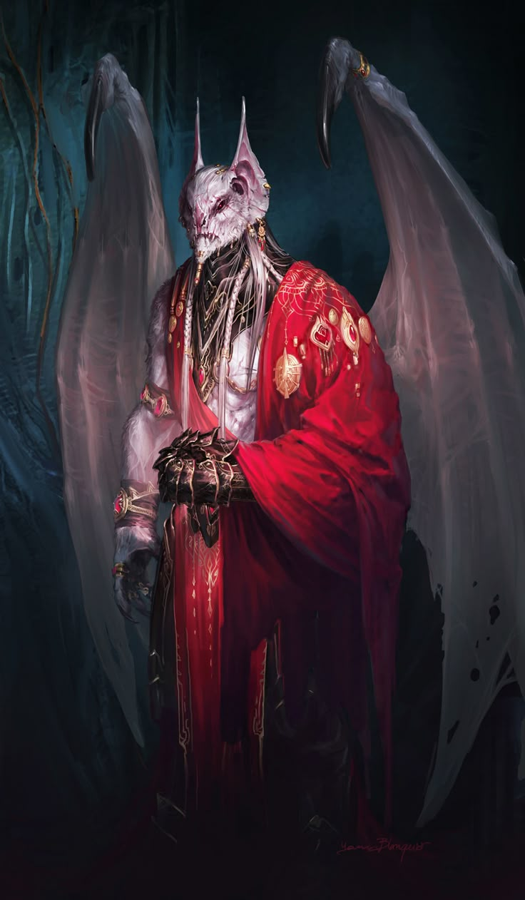 a painting of a demon with wings on it's head and hands in his right hand