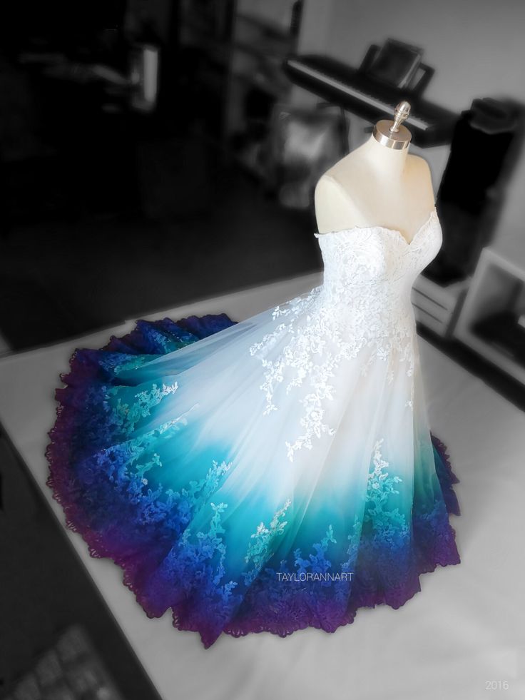 Unique dip-dye look for a non-traditional bride. Something Blue Wedding Dress. Click for more colorful gowns! Painted Wedding Dress, Dye Wedding Dress, Ombre Wedding Dress, Gaun Abad Pertengahan, 2nd Wedding Dresses, Ombre Wedding, Blue Wedding Dresses, Cute Prom Dresses, Fantasy Gowns