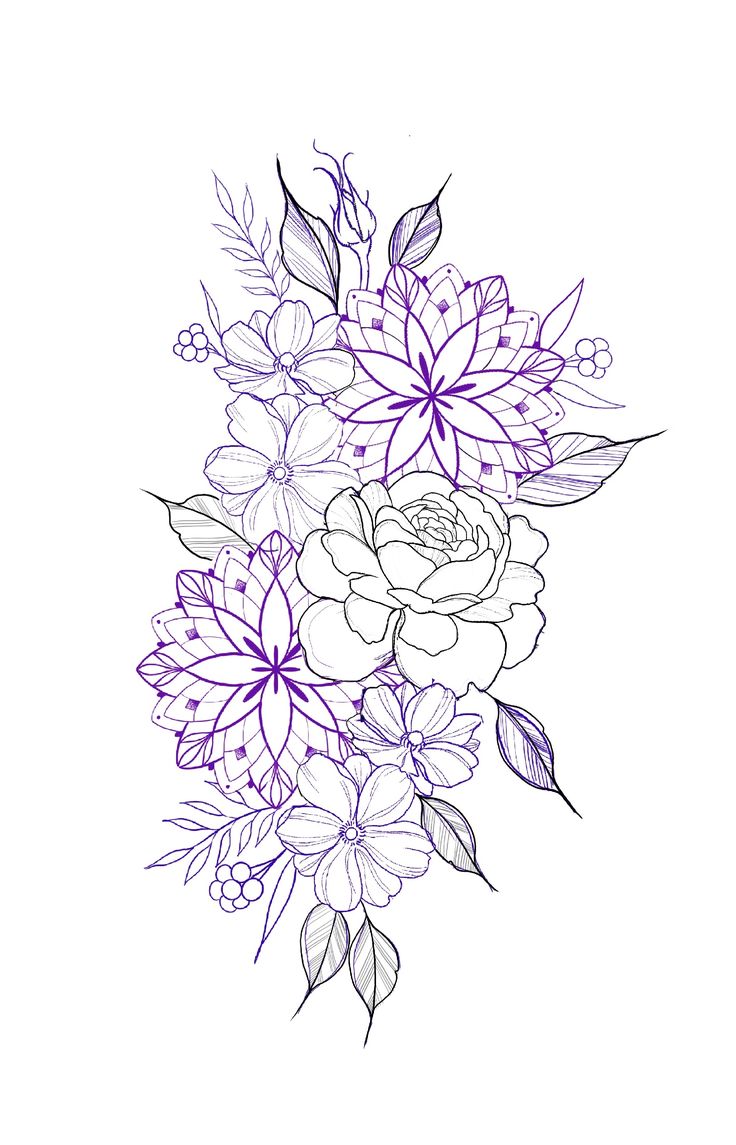 a bouquet of flowers with leaves and buds on a white background is drawn by hand