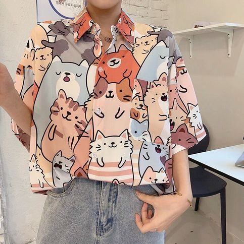 Cat Clothes For Women, Multicolor Cat Print Tops For Summer, Summer Multicolor Cat Print Tops, Trendy Multicolor Cartoon Print Shirt, Multicolor Cat Print Cotton Tops, Kawaii Cat Print Summer Tops, Kawaii Cat Print Tops For Summer, Summer Kawaii Cat Print Tops, Cute Multicolor Printed Shirt