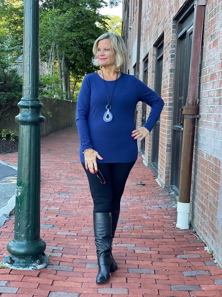 This top is designed by Lulu-B with you and mind. The fabric a blend of cotton/spandex is the perfect piece to wear under your sweaters, ponchos, and jackets. Cathy is wearing a size medium. Blue Casual Long Sleeve Top For Fall, Casual Blue Long Sleeve Top For Fall, Versatile Blue Tops For Layering, Versatile Blue Winter Tops, Blue Tops For Everyday Fall Wear, Casual Blue Long Sleeve Top For Winter, Trendy Blue Long Sleeve Top For Fall, Casual Moisture-wicking Tops For Layering, Blue Top With Thumbholes For Fall