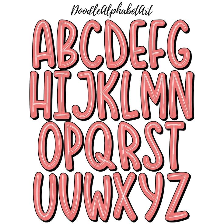 the upper and lower case of an english alphabet with pink letters on white background, hand drawn