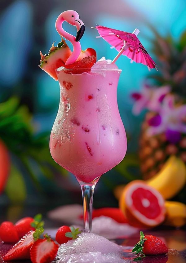 a pink cocktail garnished with strawberries and a flamingo on the rim