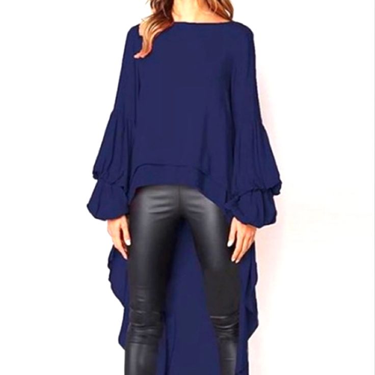 Brand New....Dramatic Flowing High Low Layered Top. Perfect Rich Shade Of Navy Blue. High Quality Chiffon Fabric, Soft, Lightweight And Breathable. Simple And Chic Loose Fitting Pull On Top. Crewneck With Beautiful Billowy Lantern Sleeve With Elastic Ruffled Wrist. Front Is Doubled Lined, Not Shear. Beautiful Unique Garment. 2x Buts Runs Equal To An Xl. Measures... Size 2x But More Like Xl Or L Bust. 22.5 Across (Laying Flat) Shoulder. 16" Length. Shoulder To Front Hem 21" Length. Back Full Neck Blue Asymmetrical Hem Blouse For Fall, Fitted Blue Chiffon Blouse, Chic Blue Billowy Tops, Chic Drapey Blouse For Party, Chic Billowy Blue Tops, Chic Drapey Party Blouse, Chic Flowy Blouse With Asymmetrical Hem, Blue Flowy Blouse For Party, Chic Blouse With Fitted High-low Hem