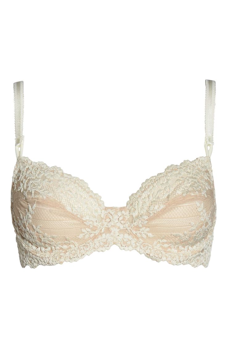 Sheer-topped cups are detailed with feminine lace in a beautiful underwire bra. Partially lined Polyester/nylon/spandex Hand wash, line dry Imported Lingerie Feminine Lace With Built-in Bra, Fitted Lace With Built-in Bra, Beige Underwire Bra With Removable Pads, Elegant Fitted Lace With Built-in Bra, Beige Fitted Bra With Padded Cups, Fitted Beige Bra With Padded Cups, Feminine Full Coverage Lace Bra, Beige Underwire Bra, Beige Lace Bra With Lace Closure