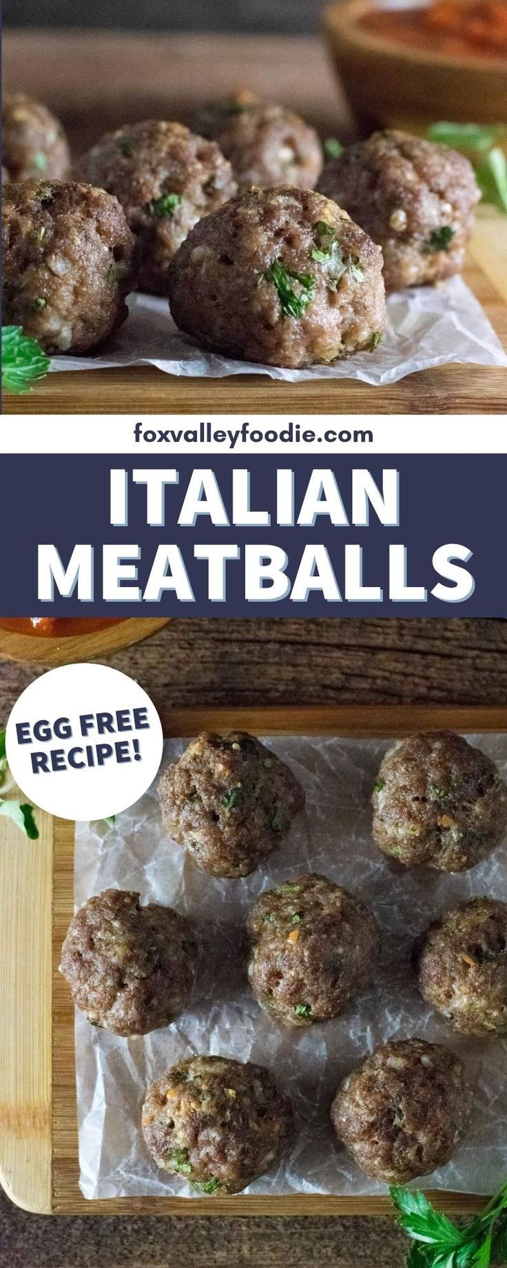 an image of meatballs on a cutting board with the title text overlay reads italian meatballs egg free recipe