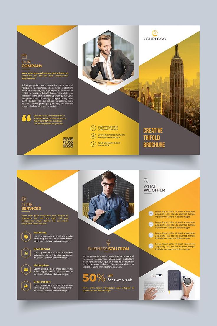 a yellow and gray brochure is shown with an image of a man in the background