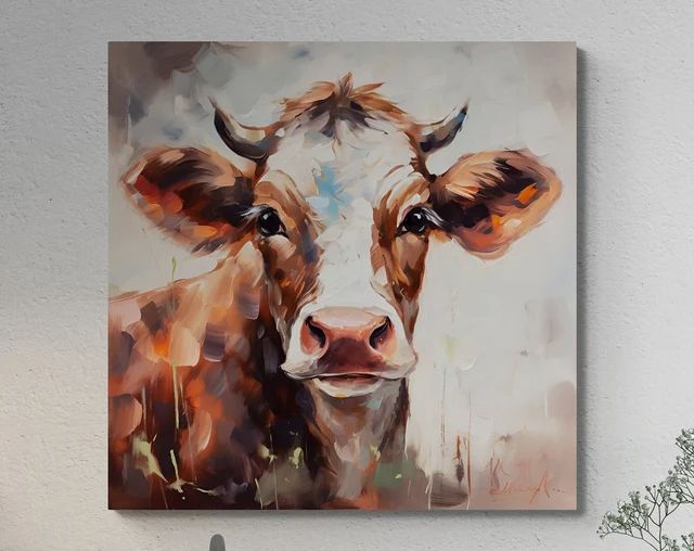 a painting of a cow is hanging on the wall