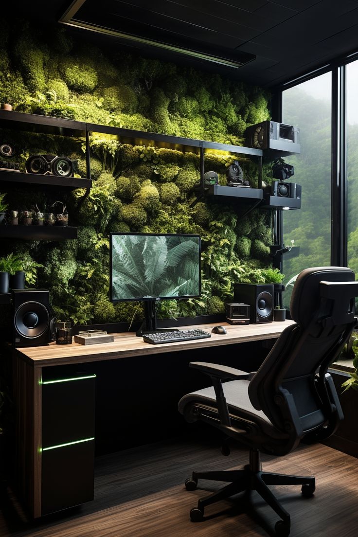 a computer desk with a monitor and keyboard in front of a moss covered wall behind it