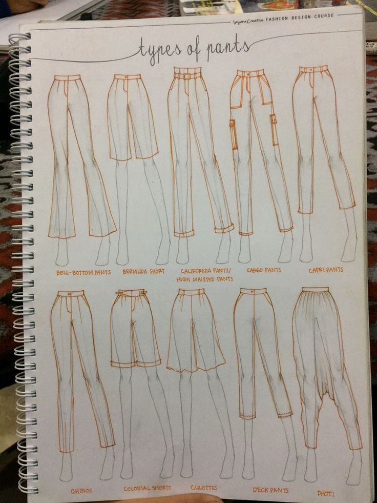 an open notebook with sketches of pants on top of it and the words types of pants written in orange ink