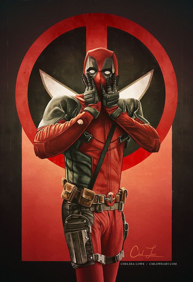 a painting of deadpool standing in front of a red circle