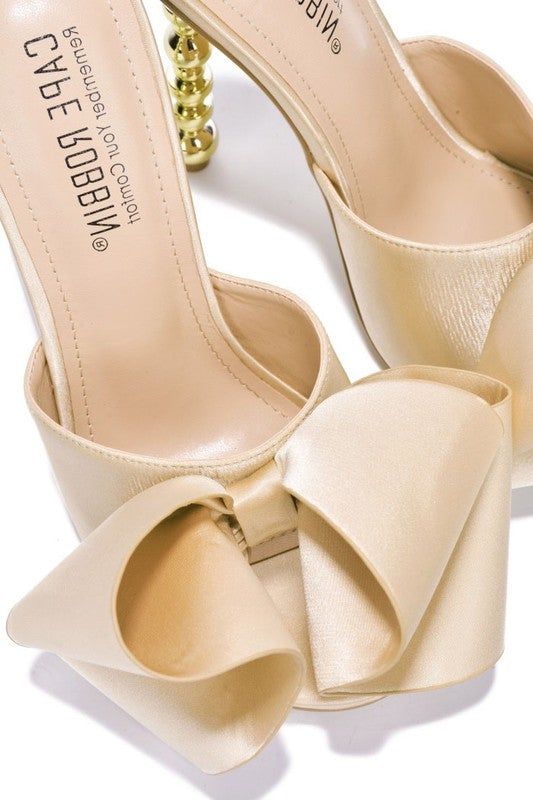 SALSA SATIN BOW HEEL true to size Heels Beige, Bow Heels, Satin Bow, Heeled Mules, Mule Shoe, Kitten Heels, High Heels, Satin, Heels